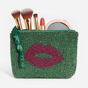 Delias Beaded Lip Lined Zipped Pouch Clutch Bag Makeup Bag Organizer Green Red